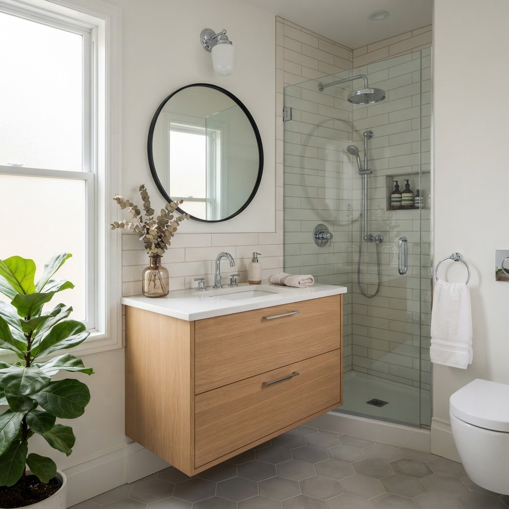 Yeni krom armatürlerle döşenmiş modern banyo tesisatı